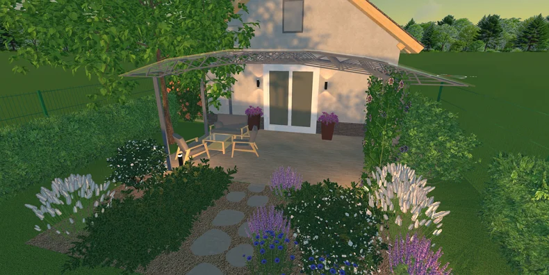 Capture d'écran du logiciel GardenBox 3D - une vue de terrasse le soir