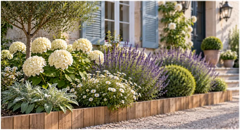 Un parterre avec une bordure en bois