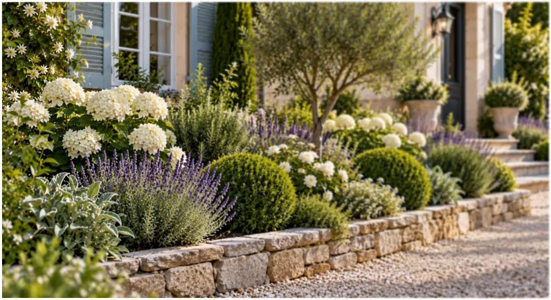 Un parterre avec une bordure en pierre