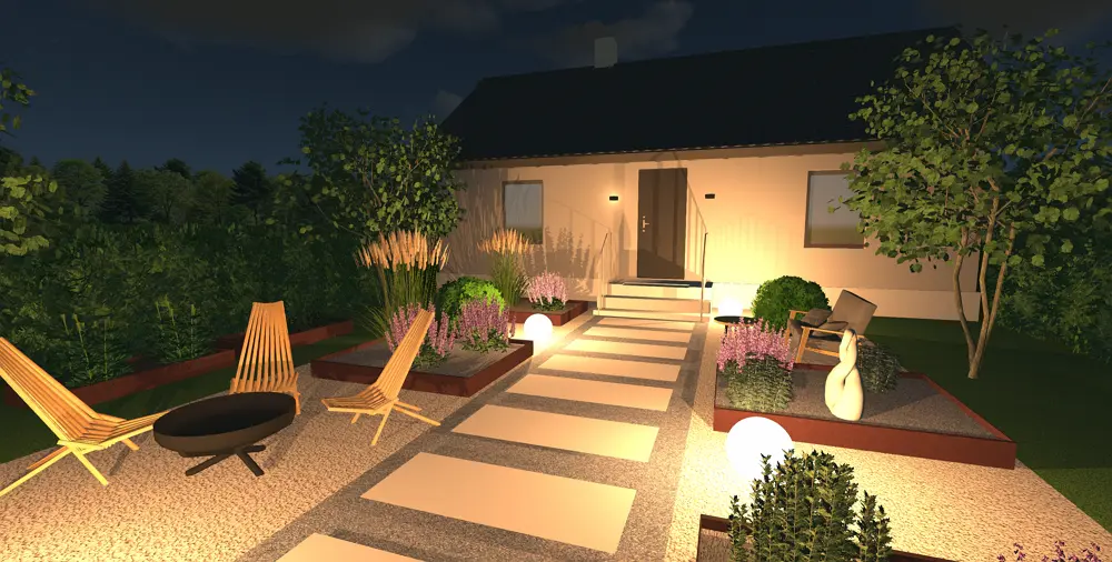Capture d'écran du logiciel GardenBox 3D - une vue de parterre devant maison le soir
