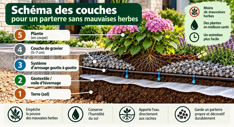 Schéma des couches pour un parterre sans mauvaises herbes