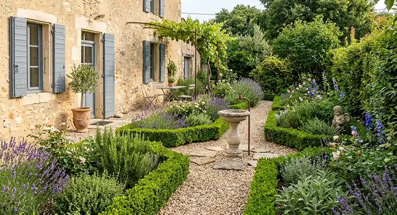 Un jardin classique devant une maison traditionnelle