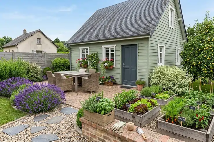 Exemple d'un jardin potager devant une maison de campagne