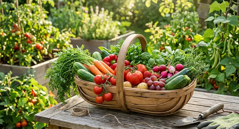 Un panier plein de fruits et légumes nouvellement récoltés
