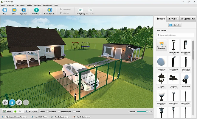 3D-Ansicht mit Haus, Gartenhaus, Einfahrt und Beleuchtung