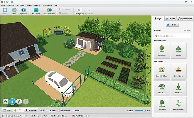 Pflanzen-Auswahl im 3D-Gartenplaner GardenBox 3D: Beete und Bäume hinzufügen