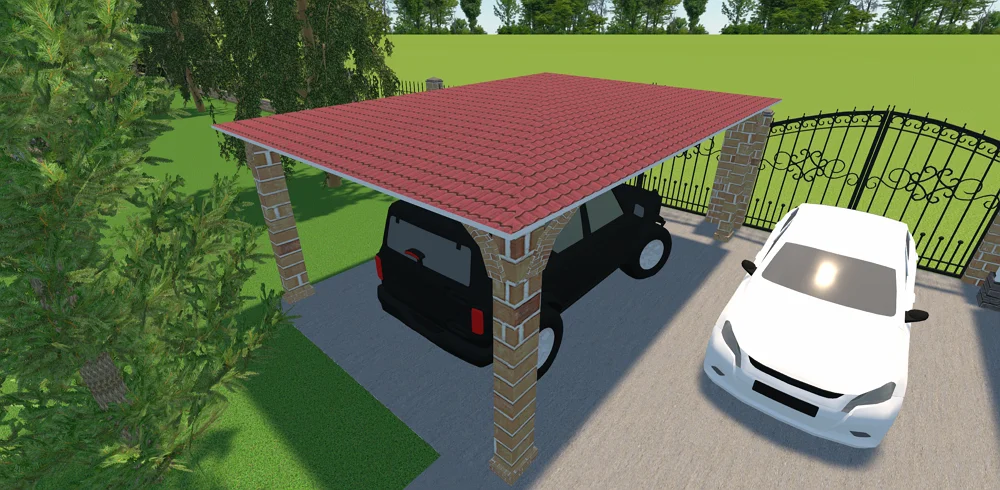 Carport au toit en tuiles rouge foncé