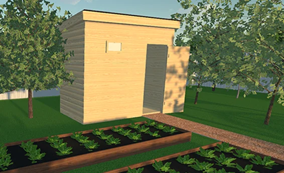 Abri de jardin derrière un potager