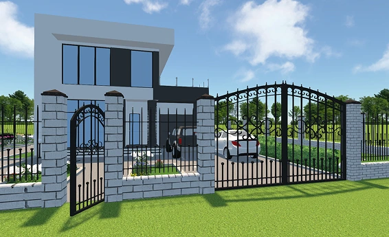 Clôture avec une grille métallique et des poteaux en briques