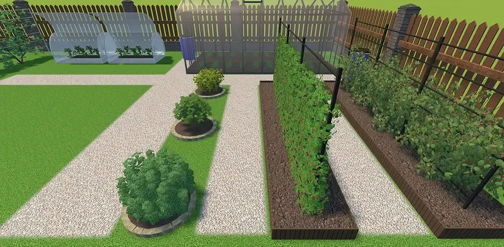 Allées entre les plates-bandes en pierre concassée