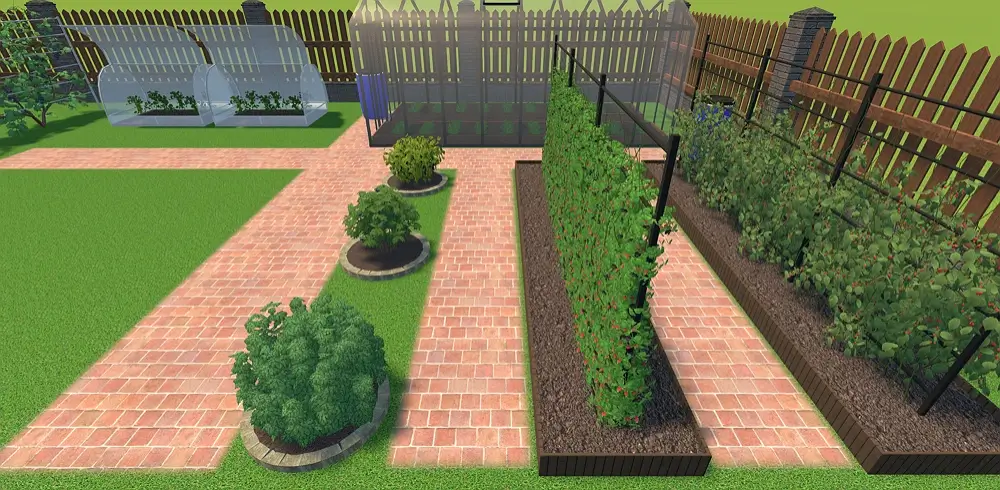 Allées entre les plates-bandes en pavés orange