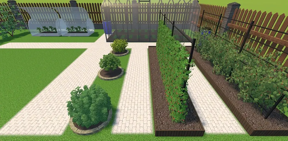 Allées entre les plates-bandes entre pavés gris clair