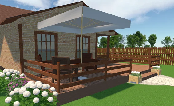 Terrasse avec des meubles sous un parasol