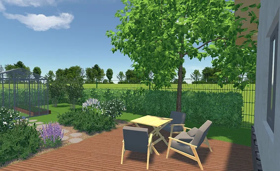 Terrasse adossée à la maison avec vue sur le potager