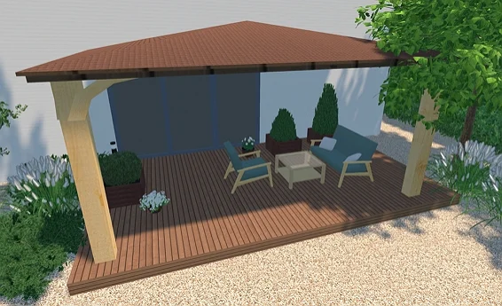 Terrasse revêtue de planches avec un toit